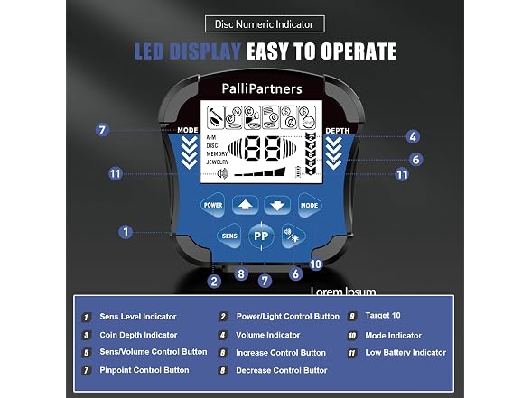 PalliPartners Metal Detector for Adults Waterproof-Professional Higher Accuracy Gold Detector with LCD Display,5 Mode,Advanced DSP Chip 12\" Coil(Blue) (Open Box)