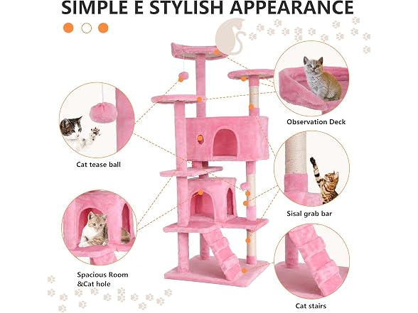 BestPet | 54" Cat Tree Tower | Pink | Sturdy
