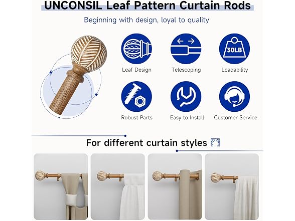 UNCONSIL Wood Grain Leaf Curtain Rod 1"