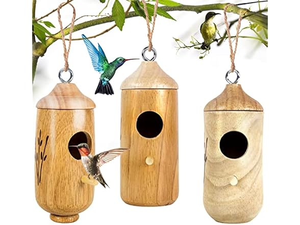 Wooden Hanging Hummingbird House 3Pk