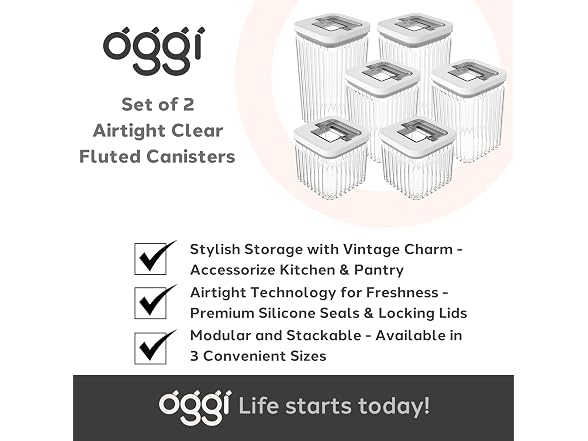 Oggi Airtight Clear Fluted Canister Set of 2