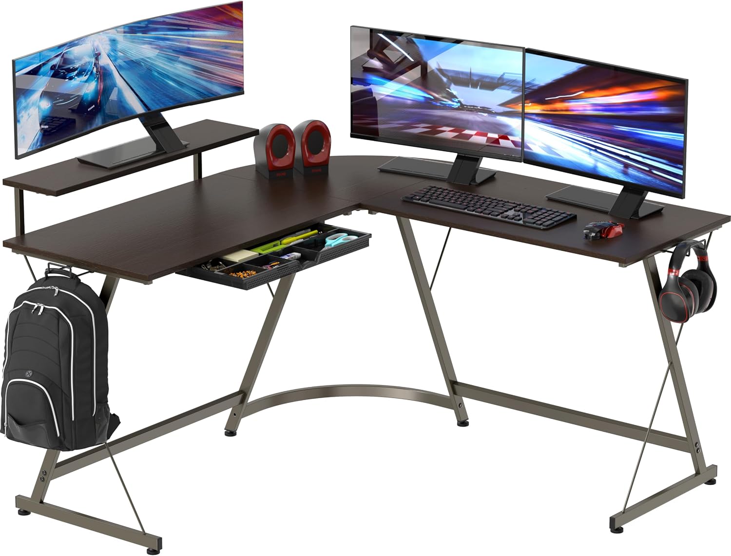 SHW L-Shaped Corner Desk w/Monitor Stand and Drawer - Gallery 7
