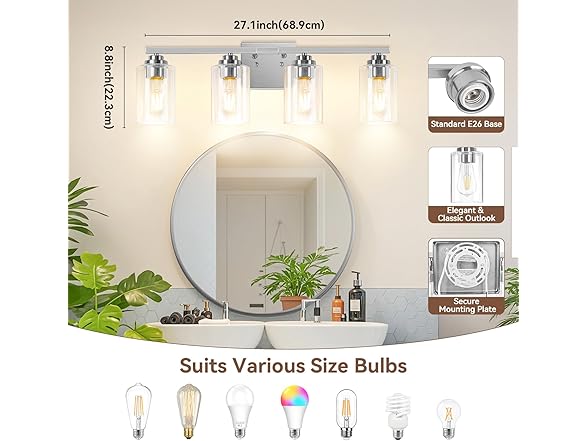 VerRon 4-Light Bathroom Light Fixtures, 27", Nickel