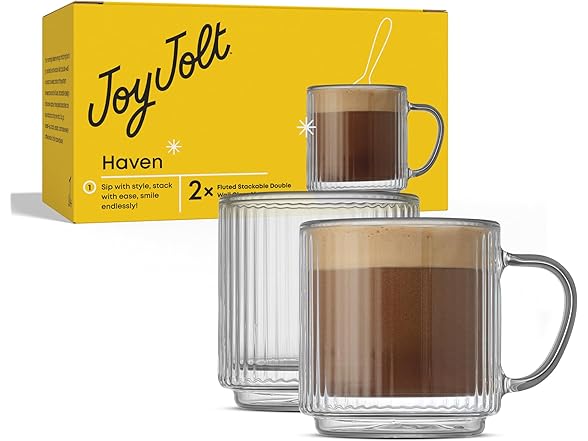 JoyJolt Haven Stackable Fluted Glass Mugs Set of 2