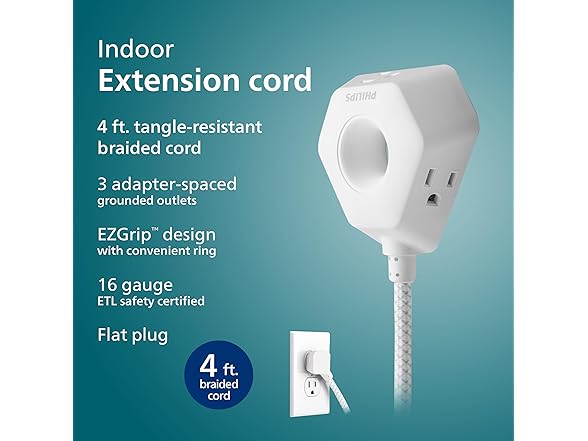 4ft Extension Cord 3 Outlets White