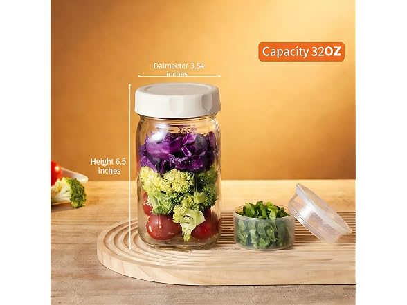 WAWINY 32oz Glass Salad Jars 4 Pack