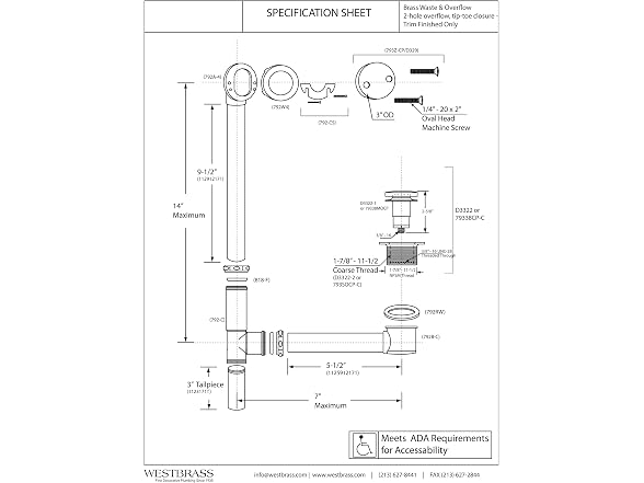 Westbrass 14in Waste Overflow Tip-Toe