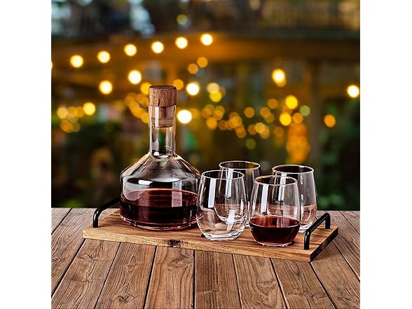 lass Acacia Wood 7 PC  Wine Decanter Carafe Serving Set
