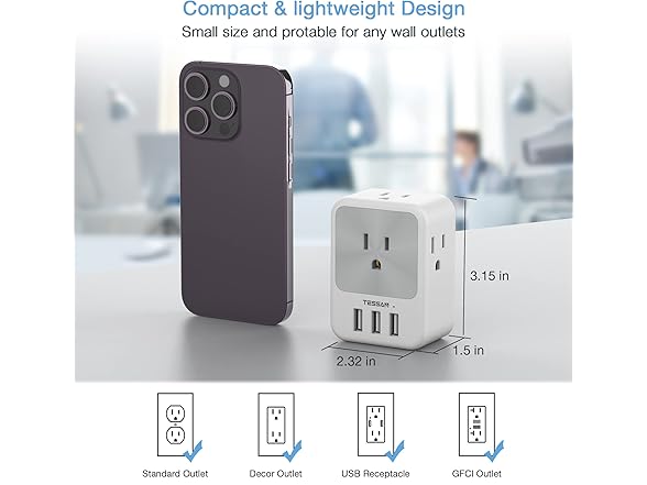 TESSAN Outlet Splitter (4 Outlets, 3 USB)