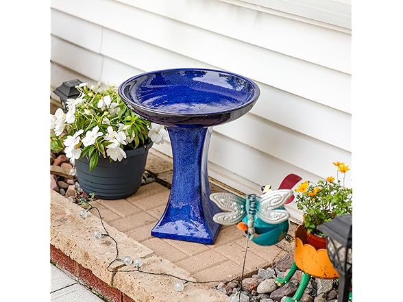 Sunnydaze Ceramic Bird Bath 16" H Blue Glaze Finish