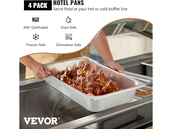 VEVOR 4 Pack Steam Table Pans 20.9 x 12.8 x 3.9 Inch Deep Steam Table