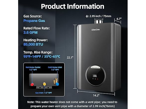 LiberLive Propane Gas Tankless Water Heater | Max 3.6 GPM