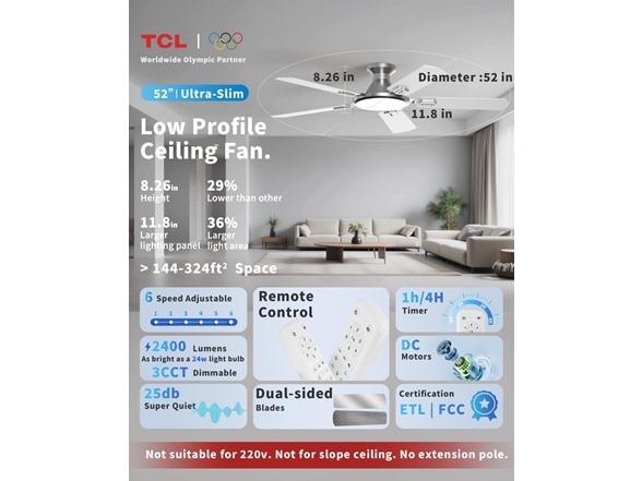 TCL 52 TCL 52 Low Profile Ceiling Fan w/ Light Silver