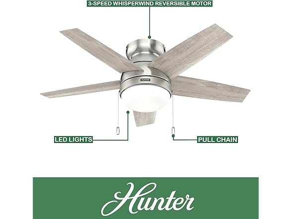 Hunter Ceiling Fan 44 inch Low Profile Brushed Nickel, Refurbished