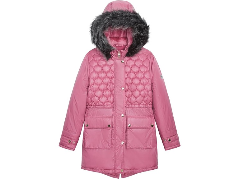 LONDON FOG Girls' Zip-Front Mid Cinch Quilted Parka with Cozy Trimmed Hood, Dusty Pink