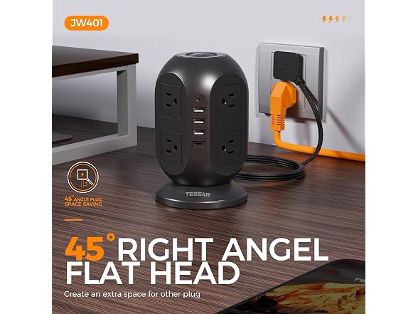 TESSAN Power Tower 10ft Cord (8 Outlets, 4 USB)