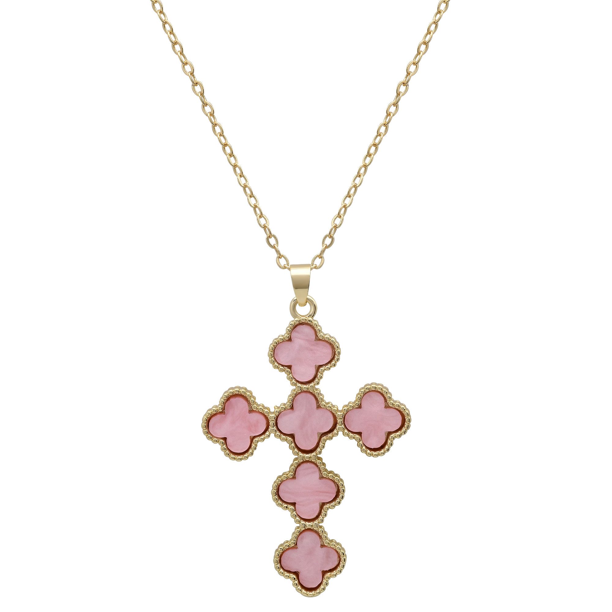 Gold Plated Pink Clover Cross Pendant - Gallery 8