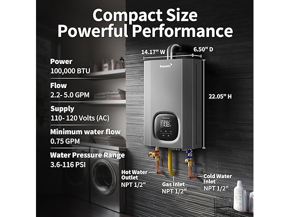 Ranein Natural Gas Tankless Water Heater, Indoor Max 4.3 GPM, 100,000 BTU Instant Hot Water Heater (Open Box)