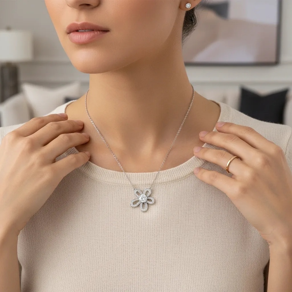 Moissanite Diamond Flower Necklace - Gallery 7