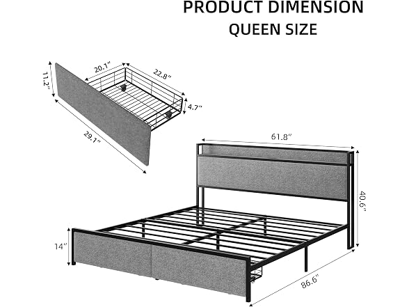 GAOMON Queen Size Bed Frame with 2 Storage Drawers