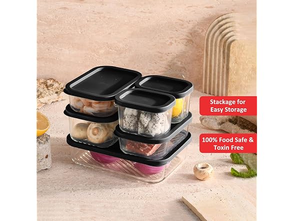 EATEX Grooved Base Glass Meal Prep Containers, 6 Pack Black