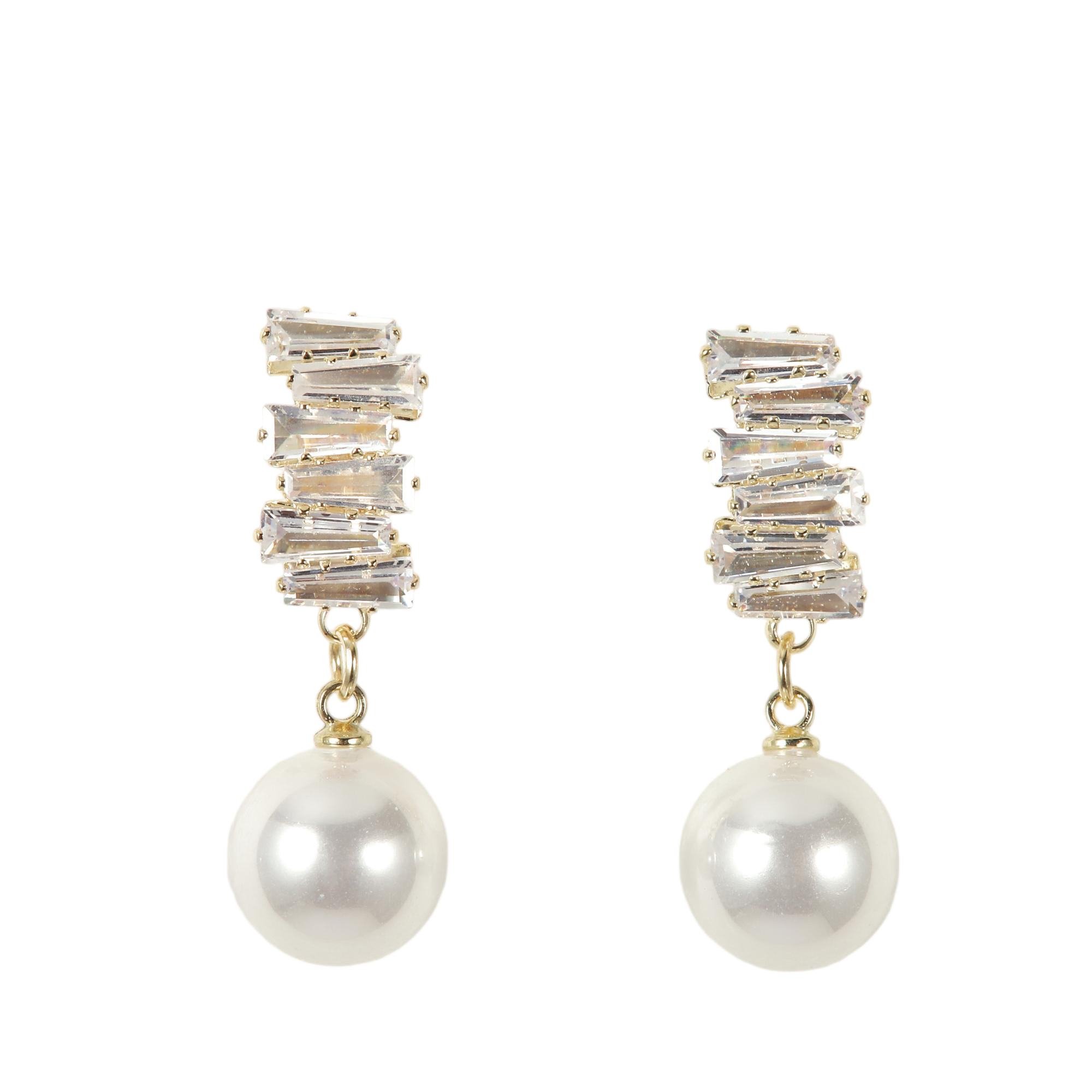18K Gold Baguette CZ & Pearl Earrings - Gallery 5