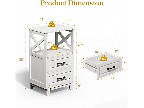 RoyalCraft 30" Tall Nightstand, Modern Painted Bedside Table with 2 Drawers and Open Shelf, Wood Side Table for Bedroom, Home Office, White-Open Shelf Above, Set of 2 (Open Box)