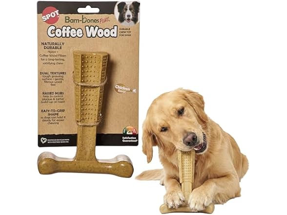 SPOT Bam-Bones Plus Coffee Wood T-Bone Dog Chew Toy