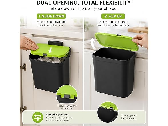 Delletir Wall Mounted Sliding Lid Trash Can (Black, 4L)