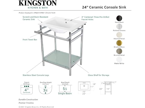 Kingston Brass 24" Ceramic Console Sink, White/Polished Chrm