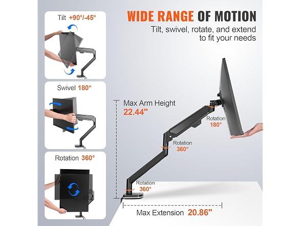 Single Monitor Mount with USB, Supports 13"-35"