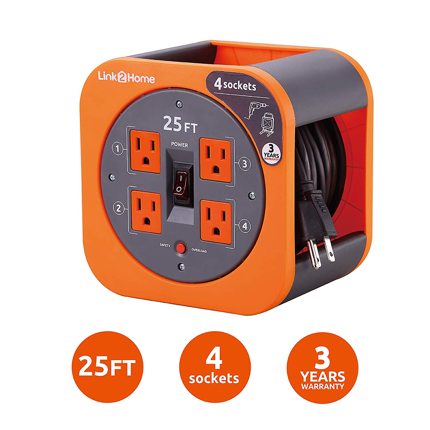 Link2Home 25' 16AWG Extension Cord Reel - Gallery 8