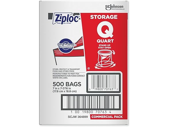 Ziploc Double Zipper Storage Bags, Quart, 500 Bags/Carton