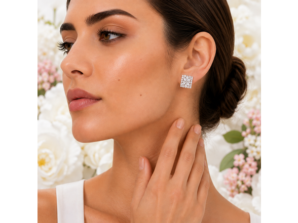S/S Silver Tone Floral Cluster Cubic Zirconia Stud Earrings