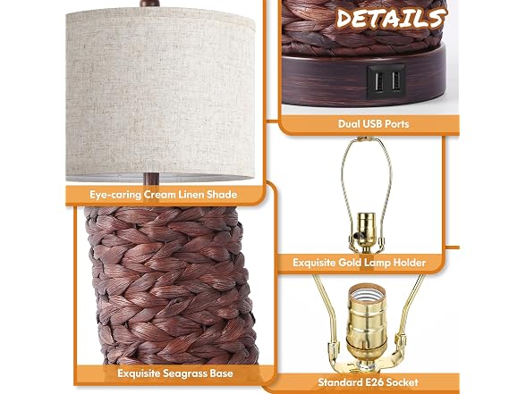 TOBUSA 27Inch Tall Seagrass Table Lamps Set of 2