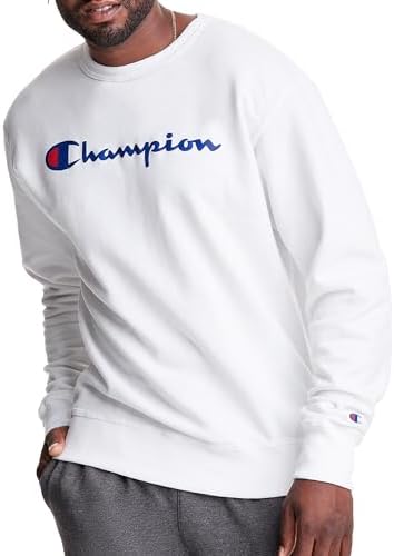 Champion Men's Crewneck Fleece Sweatshirt, Standard Fit, Midweight Tall, White-Classic Script Logo, X-Large