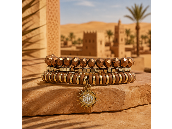 Stretch Beaded Bracelet Stack with Brown Sun Charm