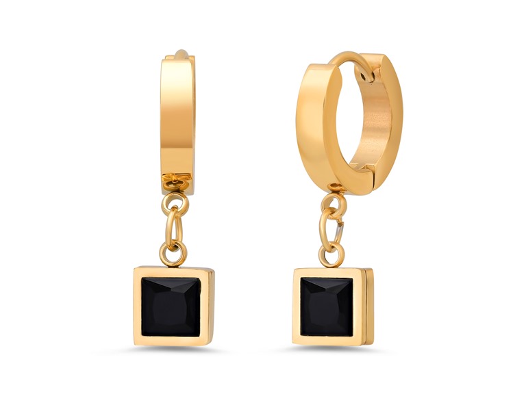 18K Gold Black Square Stone Huggies