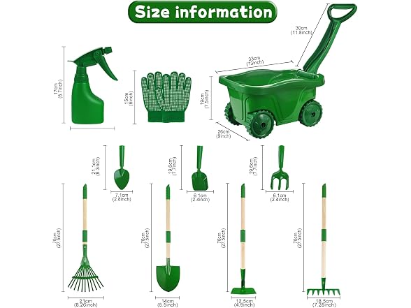Duckura Kids Gardening Tools 11 Piece Set, Green