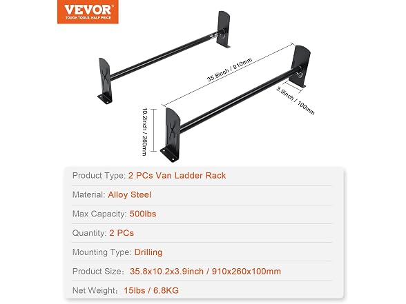 Van Roof Ladder Rack, 2 Bars Alloy Steel Roof