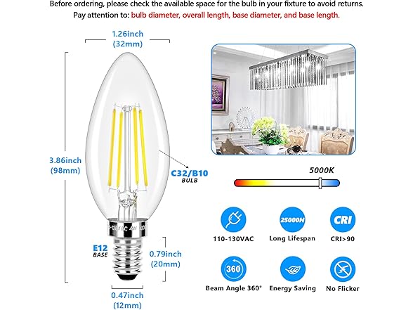Brightever 4W C32 LED Light Bulbs 5000K