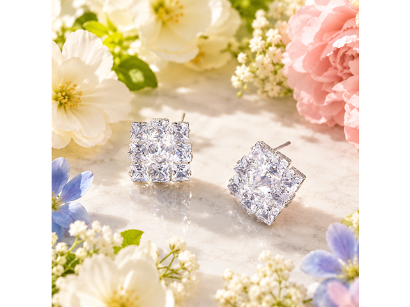 Silver Cluster CZ Stud Earrings (round center stone)