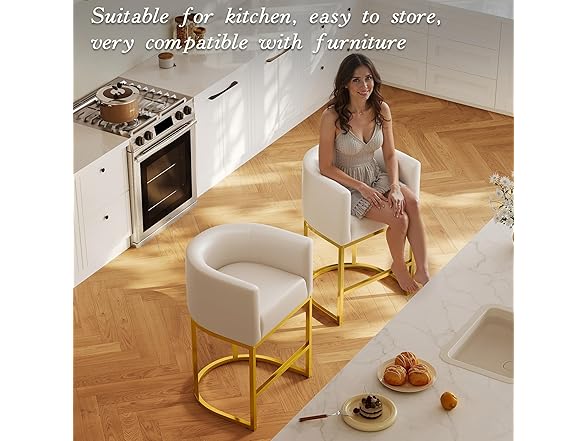 LVHOMLAX Modern Counter Height Bar Stools,Bar Stools Set of 3,Faux Leather Upholstered Barrel Barstools with Backs,26'' Kitchen Island Chairs,Gold Metal Frames,Beige White Leather (Open Box)
