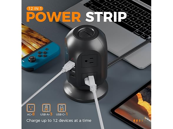 TESSAN Power Tower 10ft Cord (8 Outlets, 4 USB)