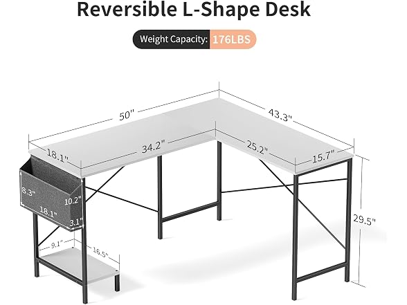 InfiniPower L-Shaped Corner Desk, 50-Inch Reversible