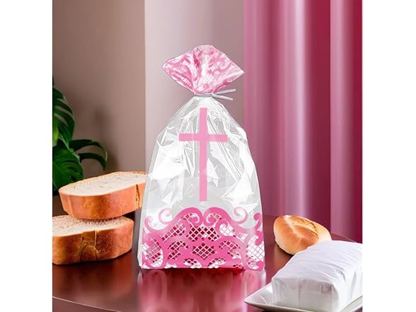 Fancy Pink Cross Cellophane Bags - 5" x 11" (20)