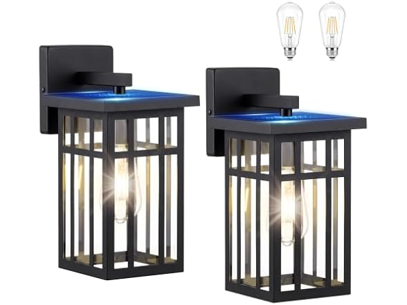 2-Pack Solar Outdoor Wall Lights, Exterior Wall Lanterns Black