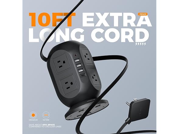 TESSAN Power Tower 10ft Cord (8 Outlets, 4 USB)