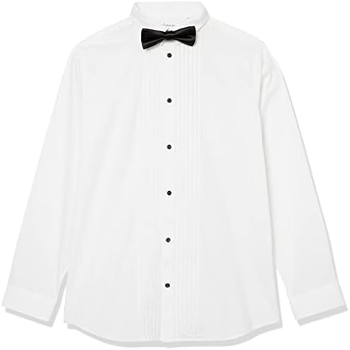 Calvin Klein Boys' Long Sleeve Tuxedo Dress Shirt with Bow Tie, Button-Down Style with Classic Pleated Bib, Includes Matching Hanky, White, 10
