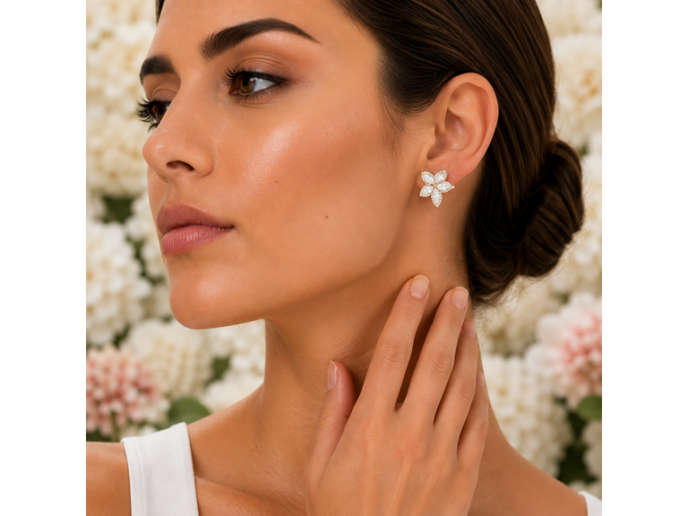 18K Gold Floral Cluster CZ Studs